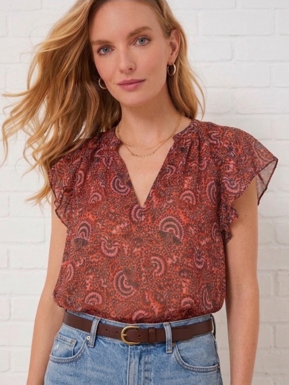A.L.C. $295 • 17.5” PTP • “June” lined silk flutter sleeve blouse fall 2022